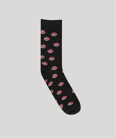 Meia-Masculina-Divertida-Donut-Cano-Alto-Preta-9167632-Preto_1