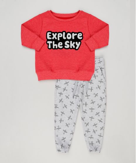 Conjunto-Infantil-de-Blusao--Explore-The-Sky--Vermelho---Calca-Estampada-de-Avioes-em-Moletom-Cinza-Mescla-9118257-Cinza_Mescla_1