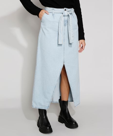 Saia-Jeans-Feminina-Midi-Clochard-com-Fenda-e-Cinto-Azul-Claro-9971596-Azul_Claro_1