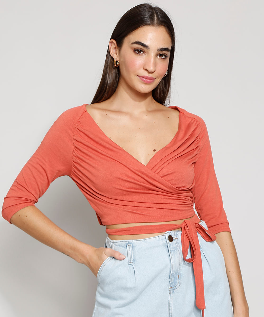 Blusa Feminina Manga Longa Cropped Transpassada Decote V Marrom