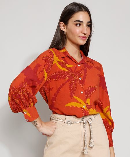 Camisa-Feminina-Manga-Longa-Estampada-de-Coqueiros-Laranja-9976625-Laranja_1