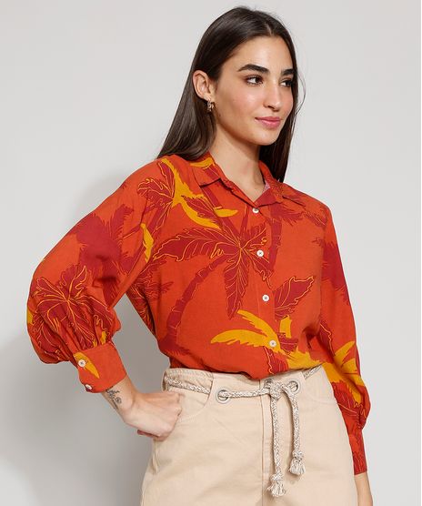 Camisa-Feminina-Manga-Longa-Estampada-de-Coqueiros-Laranja-9976625-Laranja_1