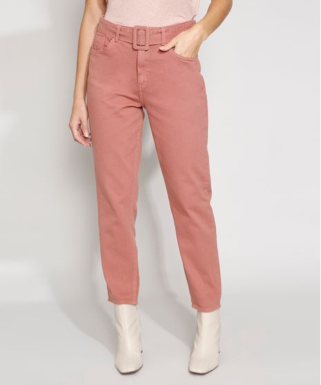 Calca-de-Sarja-Feminina-Mom-Cintura-Super-Alta-com-Cinto-Rosa-9977467-Rosa_1