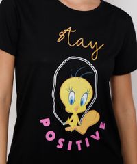 Camiseta Esportiva Feminina Piu Piu Preta  detalhe estampa