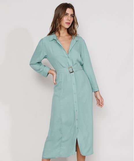 Vestido-Chemise-Feminino-Midi-com-Cinto-Manga-7-8-Verde-Claro-9982167-Verde_Claro_1