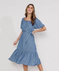 Vestido-Jeans-Feminino-Midi-Ombro-a-Ombro-com-Botoes-e-Faixa-para-Amarrar-Manga-Bufante-Azul-Medio-9985485-Azul_Medio_1