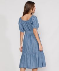 Vestido-Jeans-Feminino-Midi-Ombro-a-Ombro-com-Botoes-e-Faixa-para-Amarrar-Manga-Bufante-Azul-Medio-9985485-Azul_Medio_2