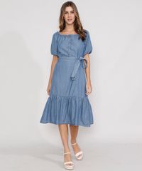 Vestido-Jeans-Feminino-Midi-Ombro-a-Ombro-com-Botoes-e-Faixa-para-Amarrar-Manga-Bufante-Azul-Medio-9985485-Azul_Medio_3