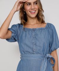 Vestido-Jeans-Feminino-Midi-Ombro-a-Ombro-com-Botoes-e-Faixa-para-Amarrar-Manga-Bufante-Azul-Medio-9985485-Azul_Medio_5