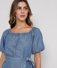 Vestido-Jeans-Feminino-Midi-Ombro-a-Ombro-com-Botoes-e-Faixa-para-Amarrar-Manga-Bufante-Azul-Medio-9985485-Azul_Medio_6