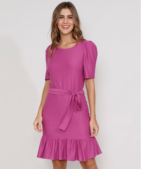 Vestido-Feminino-Curto-Texturizado-com-Babado-e-Faixa-para-Amarrar-Manga-Bufante-Roxo-9976613-Roxo_1