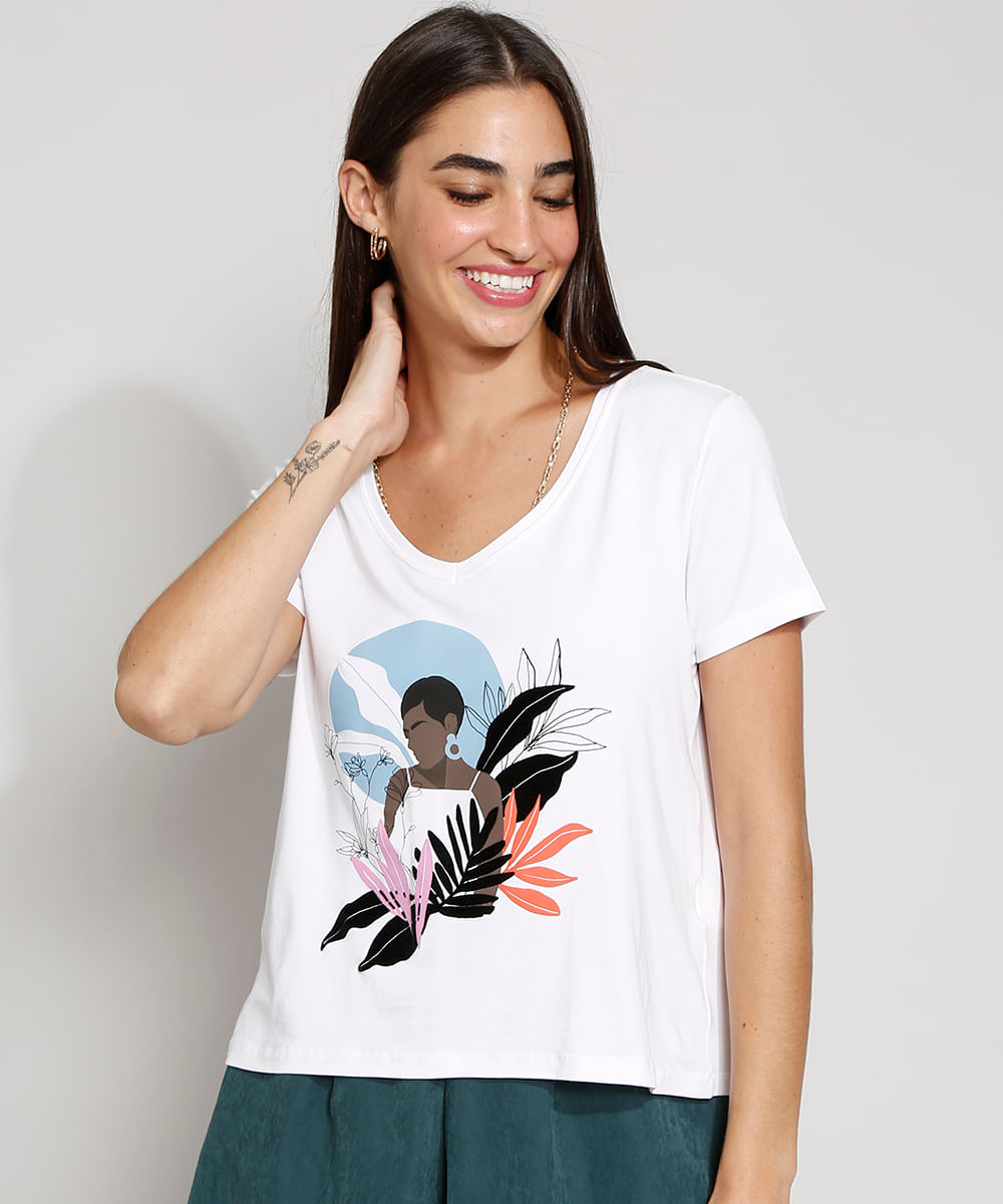 Camiseta Feminina Manga Curta Mulher Decote V Off White