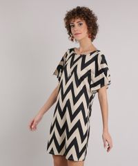 Vestido-Feminino-Estampado-Chevron-Manga-Curta-com-Fenda-Decote-Redondo-Bege-9128827-Bege_1