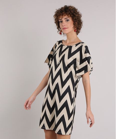 Vestido-Feminino-Estampado-Chevron-Manga-Curta-com-Fenda-Decote-Redondo-Bege-9128827-Bege_1