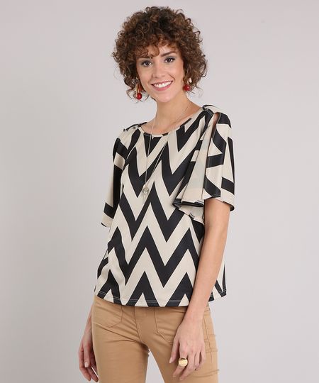 Blusa-Feminina-Estampada-Chevron-Manga-Curta-com-Fenda-Decote-Redondo-Bege-9128829-Bege_1