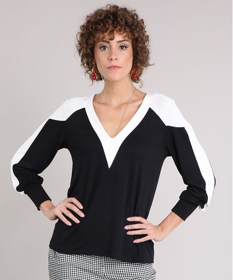 Blusa-Feminina-com-Recortes-Contrastantes-Manga-Longa-Decote-V-Preta-9126986-Preto_1