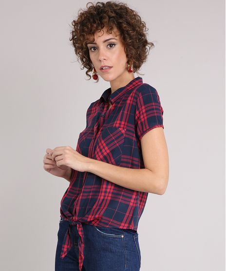 Camisa-Feminina-Xadrez-com-Amarracao-e-Bolsos-Manga-Curta-Azul-Marinho-9171367-Azul_Marinho_1