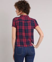 Camisa-Feminina-Xadrez-com-Amarracao-e-Bolsos-Manga-Curta-Azul-Marinho-9171367-Azul_Marinho_2