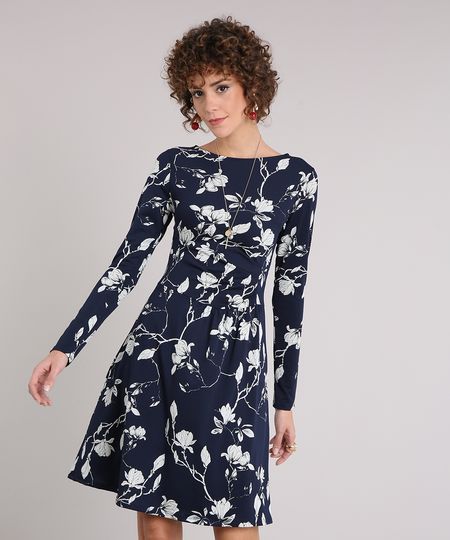 Vestido-Feminino-Floral-Curto-Drapeado-Manga-Longa-Decote-Redondo-Azul-Marinho-9126984-Azul_Marinho_1 Vestido-Feminino-Floral-Curto-Drapeado-Manga-Longa-Decote-Redondo-Azul-Marinho-9126984-Azul_Marinho_1