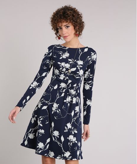 Vestido-Feminino-Floral-Curto-Drapeado-Manga-Longa-Decote-Redondo-Azul-Marinho-9126984-Azul_Marinho_1