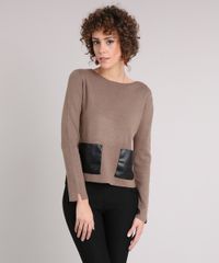 Sueter-Feminino-em-Trico-com-Bolsos--Kaki-8877649-Kaki_1