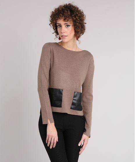 Sueter-Feminino-em-Trico-com-Bolsos--Kaki-8877649-Kaki_1