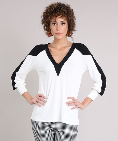 Blusa-Feminina-com-Recortes-Contrastantes-Manga-Longa-Decote-V-Off-White-9126986-Off_White_1