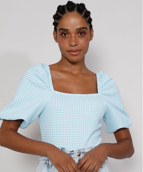 Blusa-de-Jacquard-Feminina-Estampada-Xadrez-Vichy-Manga-Bufante-Decote-Reto-Azul-Claro-9980306-Azul_Claro_1