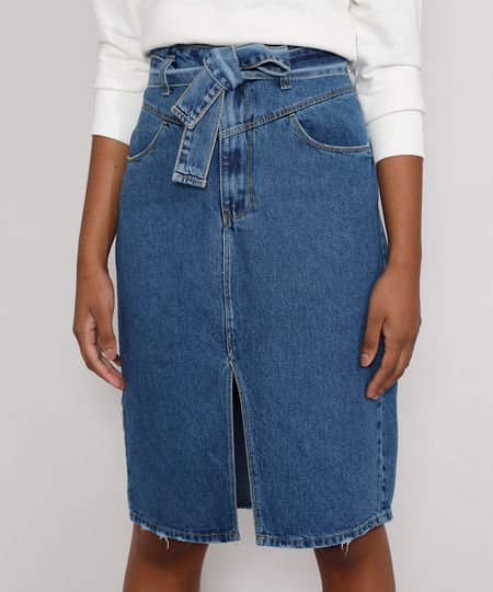 Saia-Jeans-Feminina-Midi-com-Fenda-e-Faixa-para-Amarrar-Azul-Medio-9985899-Azul_Medio_1