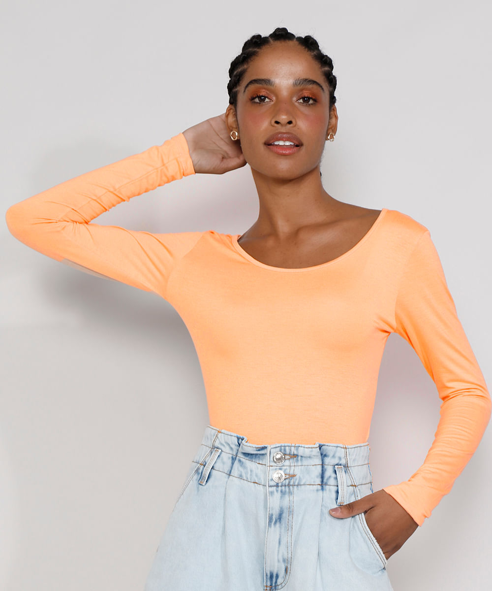 Blusa Feminina Básica Manga Longa Decote Redondo Laranja Claro