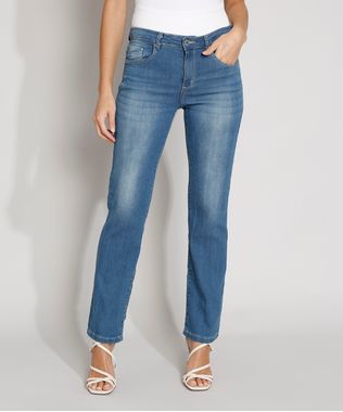 Calça Jeans Reta Cintura Alta Feminina Azul Médio frente