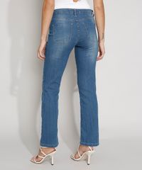 Calça Jeans Reta Cintura Alta Feminina Azul Médio costas