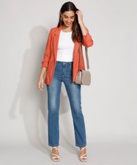 Calça Jeans Reta Cintura Alta Feminina Azul Médio