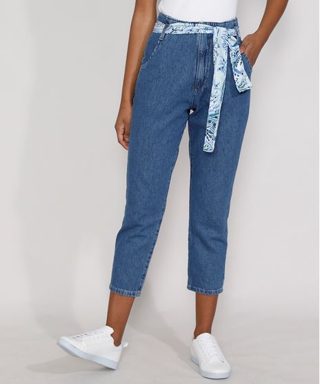 Calca-Jeans-Feminina-Mom-Cintura-Super-Alta-com-Lenco-Estampado-Azul-Medio-9985791-Azul_Medio_1