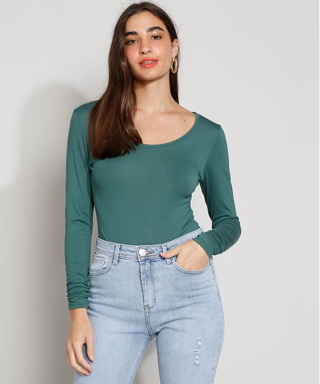 Blusa-Feminina-Manga-Longa-Basica-Decote-Redondo-Verde-Escuro-8578638-Verde_Escuro_1