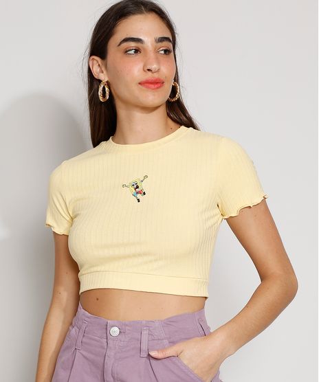 Blusa-Feminina-Manga-Curta-Cropped-Canelada-com-Bordado-Bob-Esponja-Decote-Redondo-Amarelo-Claro-9982378-Amarelo_Claro_1