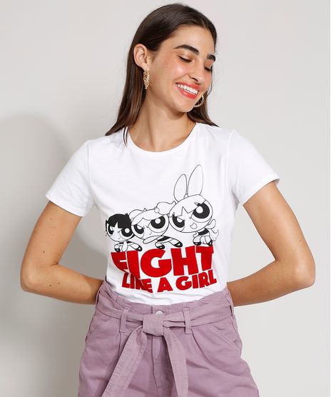 Camiseta-Feminina-Manga-Curta-As-Meninas-Superpoderosas--Fight-Like-a-Girl--Flocada-Decote-Redondo-Off-White-9979481-Off_White_1