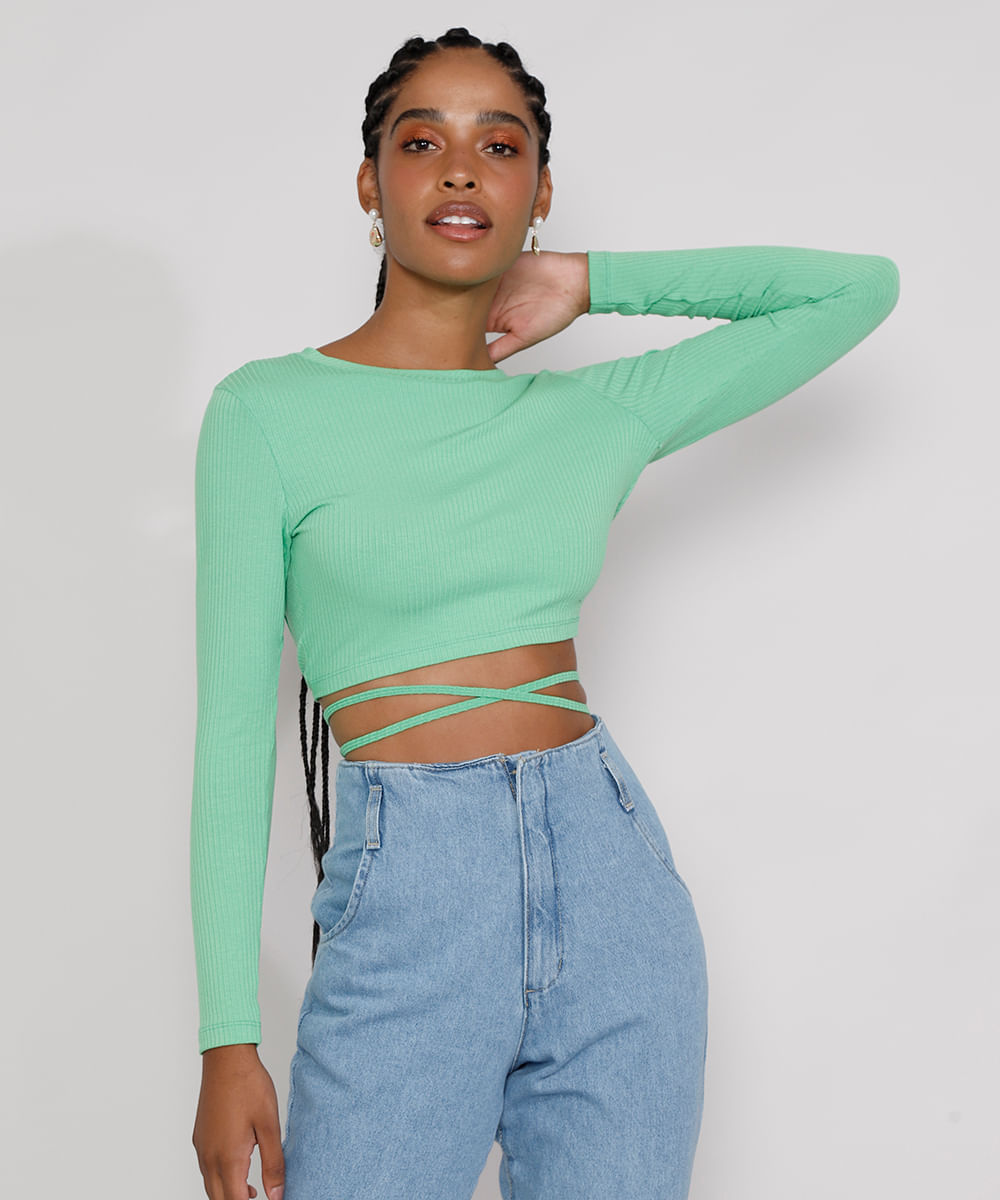 Blusa Feminina Manga Longa Cropped Canelada com Vazado e Amarração Decote Redondo Verde Claro