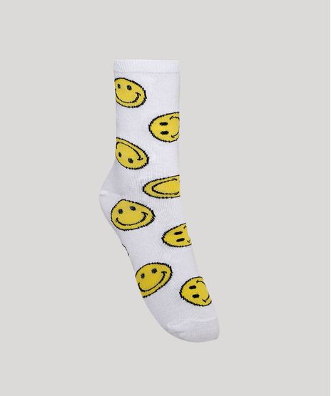 Meia-Feminina-Estampada-Smiley-Cano-Alto-Branca-9982459-Branco_1