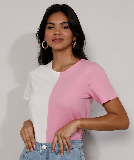 Camiseta-Feminina-Manga-Curta-Bicolor-Decote-Redondo-Rosa-9981697-Rosa_1