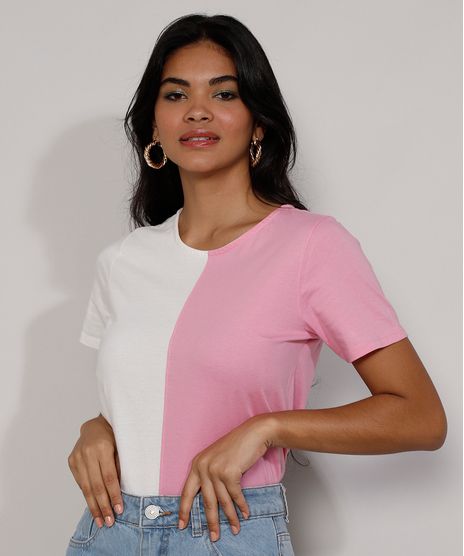 Camiseta-Feminina-Manga-Curta-Bicolor-Decote-Redondo-Rosa-9981697-Rosa_1