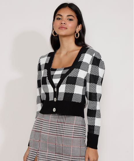 Cardigan-Feminino-de-Trico-Estampado-Xadrez-Vichy-Cropped-Decote-V-Preto-9985147-Preto_1