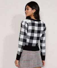 Cardigan-Feminino-de-Trico-Estampado-Xadrez-Vichy-Cropped-Decote-V-Preto-9985147-Preto_2