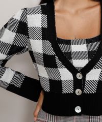 Cardigan-Feminino-de-Trico-Estampado-Xadrez-Vichy-Cropped-Decote-V-Preto-9985147-Preto_4