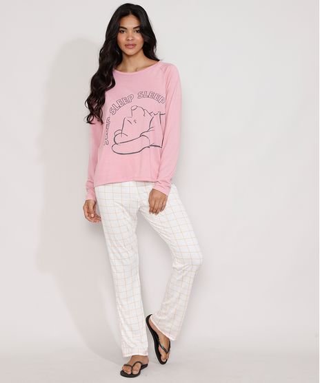 Pijama-Feminino-Manga-Longa-Ursinho-Pooh-com-Estampa-Quadriculada-Rosa-9981132-Rosa_1