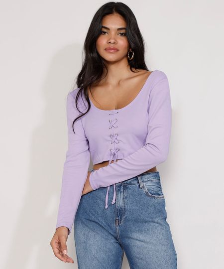 Blusa-Feminina-Manga-Longa-Cropped-com-Lace-Up-Decote-Redondo-Lilas-9981746-Lilas_1