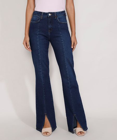 Calca-Jeans-Feminina-Flare-Cintura-Super-Alta-com-Fenda-Azul-Escuro-9985799-Azul_Escuro_1