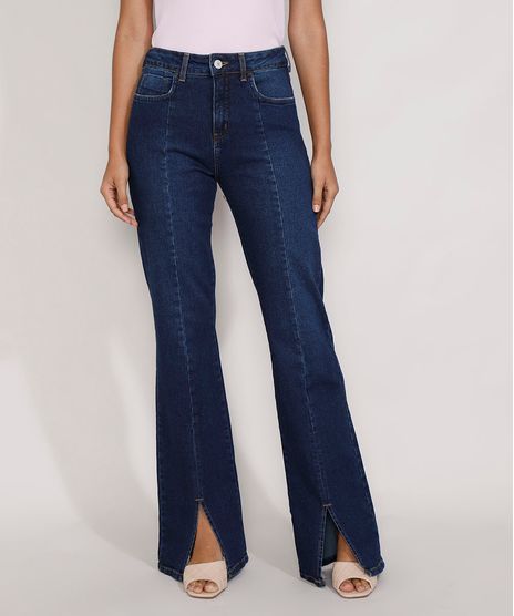 Calca-Jeans-Feminina-Flare-Cintura-Super-Alta-com-Fenda-Azul-Escuro-9985799-Azul_Escuro_1