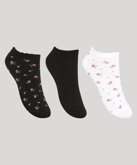 Kit-de-3-Meias-Femininas-Cano-Baixo-Estampadas-Floral-Preto-9976577-Preto_1