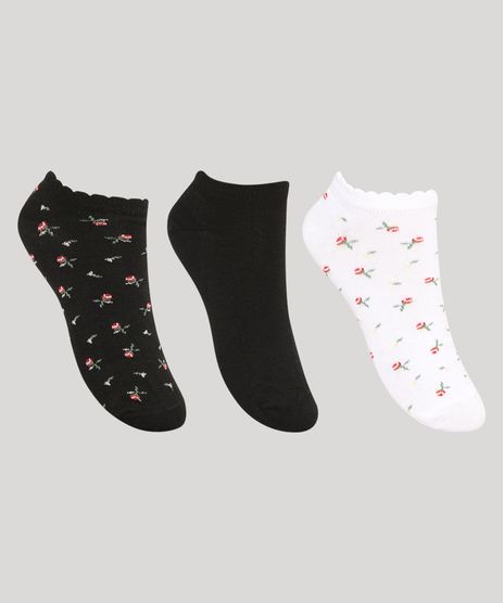Kit-de-3-Meias-Femininas-Cano-Baixo-Estampadas-Floral-Preto-9976577-Preto_1